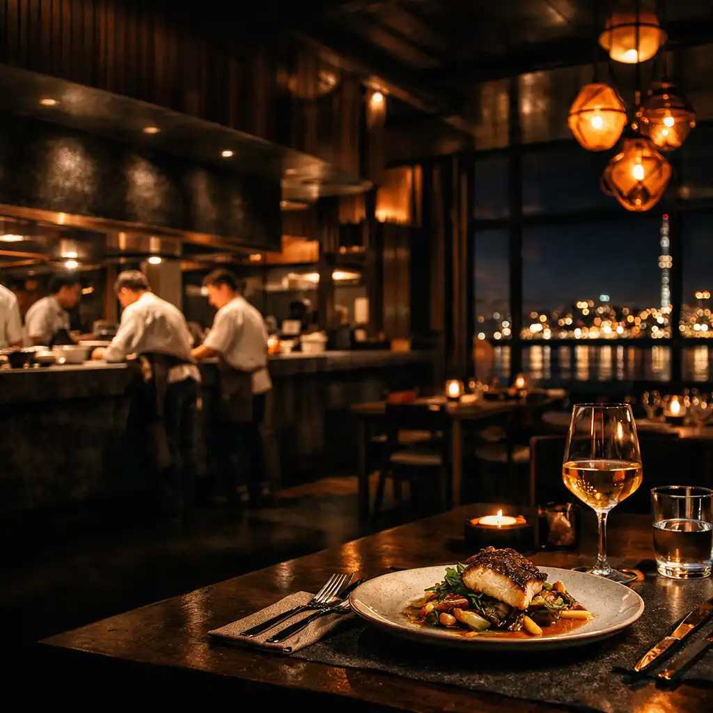 Plated dish and set tables in DishCollection's night-time dining room, with an open kitchen beyond smoked glass.