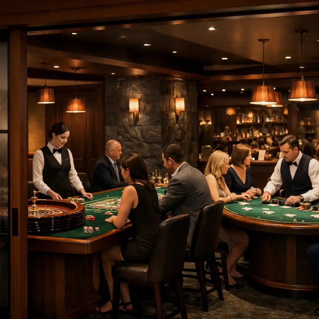 A complete roulette table and poker table with adult guests and dealers in a refined evening room