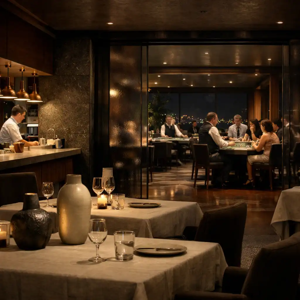 A layered interior view from warm dining tables through smoked glass to complete physical casino tables.