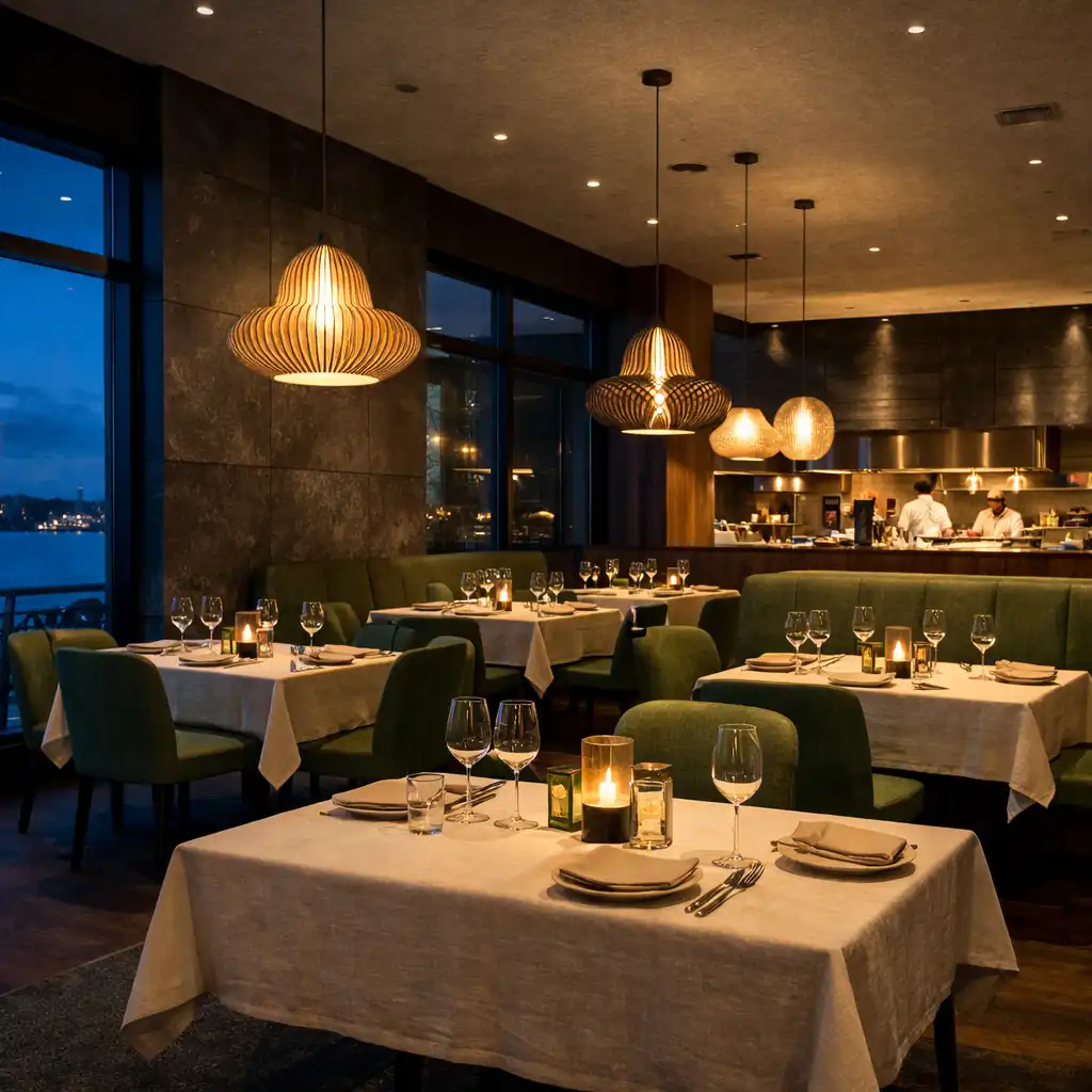 Warmly lit DishCollection dining room with timber, stone, linen-covered tables and smoked-glass partitions.
