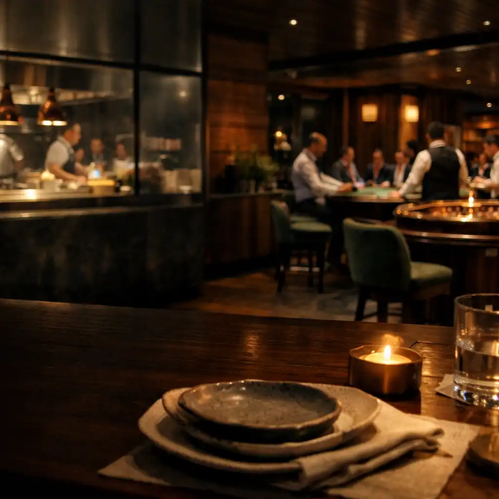 A dining table, open kitchen and complete physical casino tables within DishCollection's evening interior.
