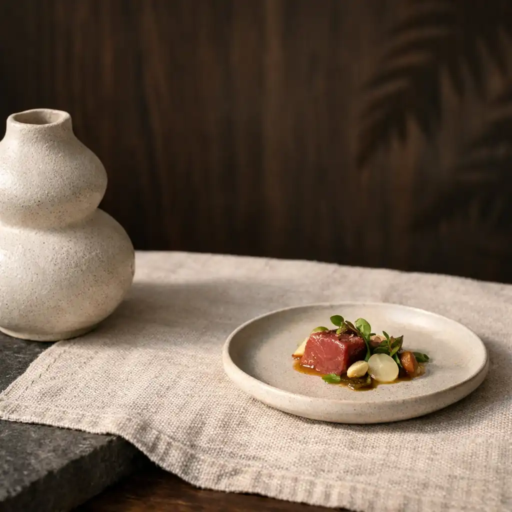 Sculptural ceramic and warm linen beside a charcoal stone table surface