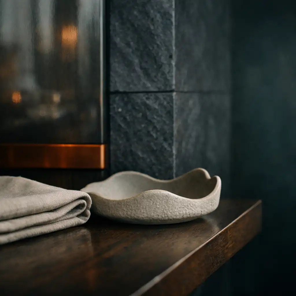 Dark timber, charcoal stone, smoked glass and linen shown at table height