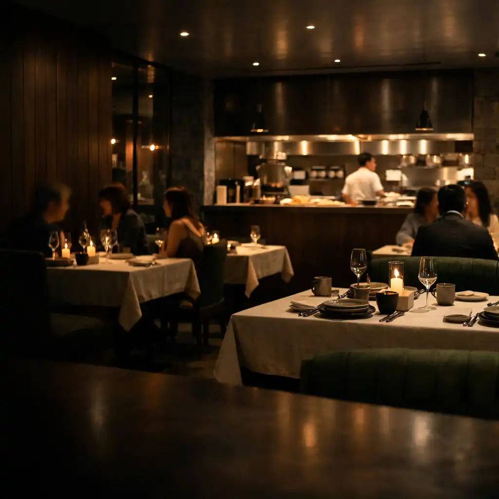 Warmly lit DishCollection dining room with timber, linen-set tables and an open kitchen beyond