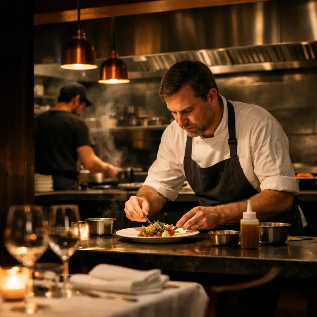 Chef plating a dish at DishCollection's open kitchen pass