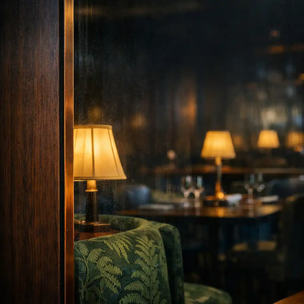 Smoked glass reflecting warm table lights beside dark timber and a copper edge