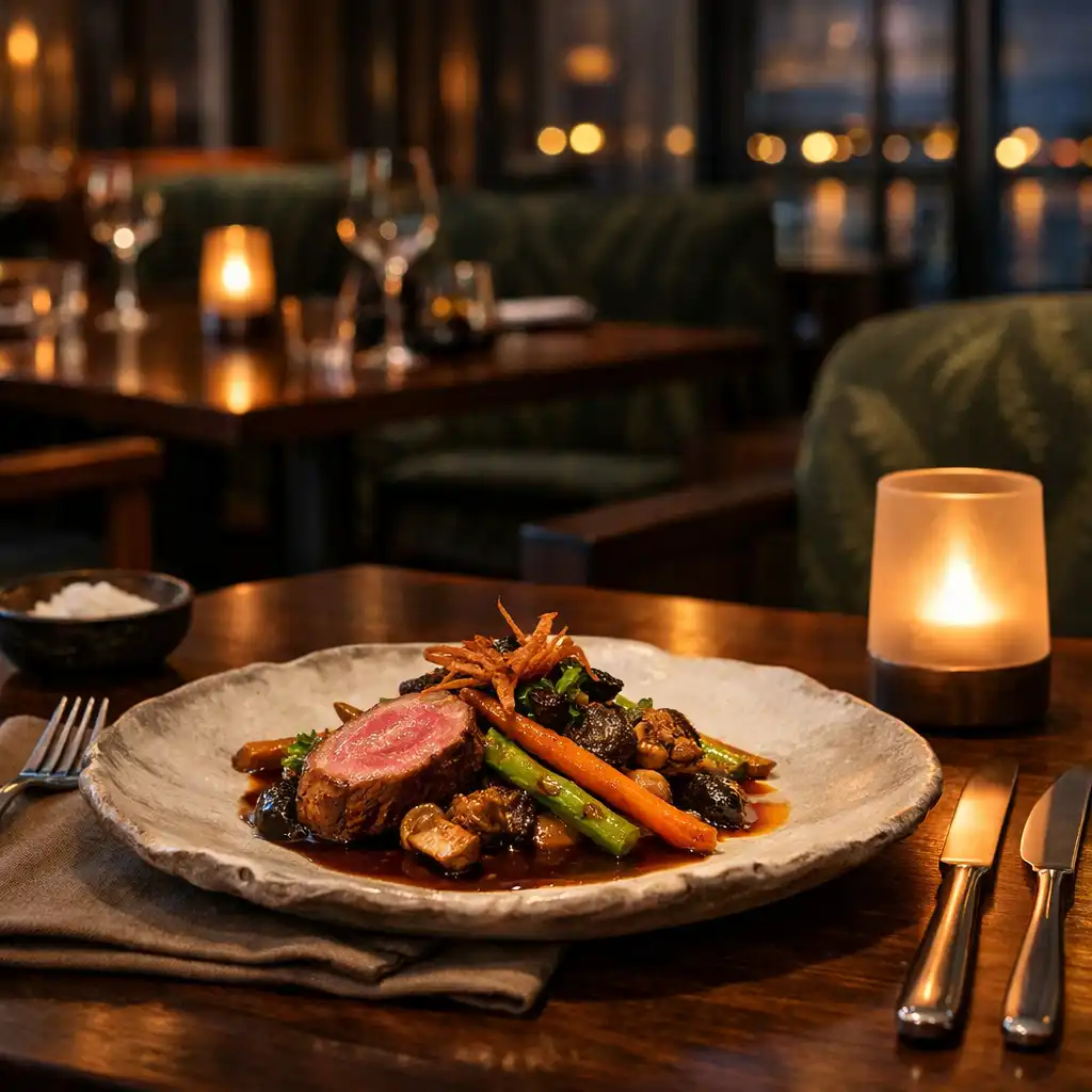 Seasonal plated dish on ceramic tableware with linen and deep fern seating behind