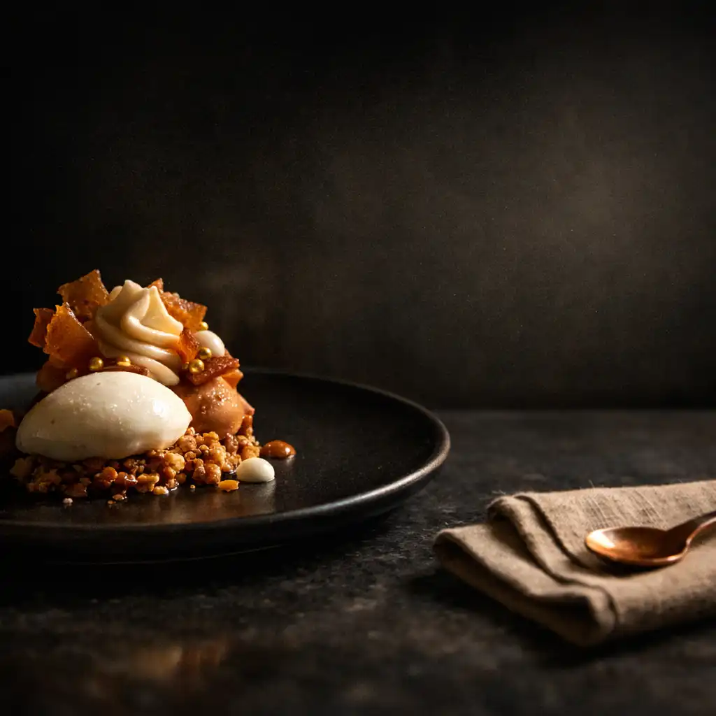 Sculptural dessert on a dark ceramic plate beside folded linen in warm low light