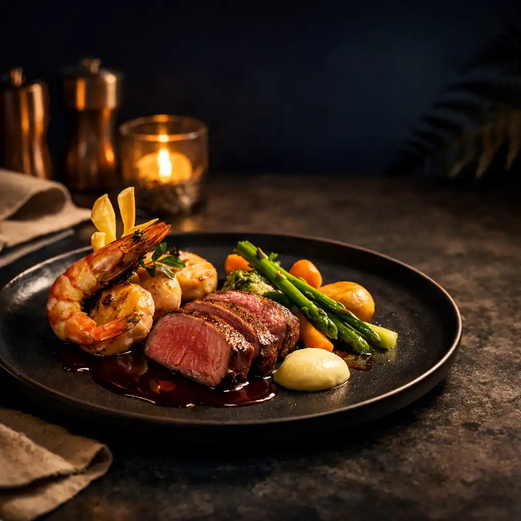 Composed main course with seafood, meat and seasonal vegetable elements on a dark ceramic plate