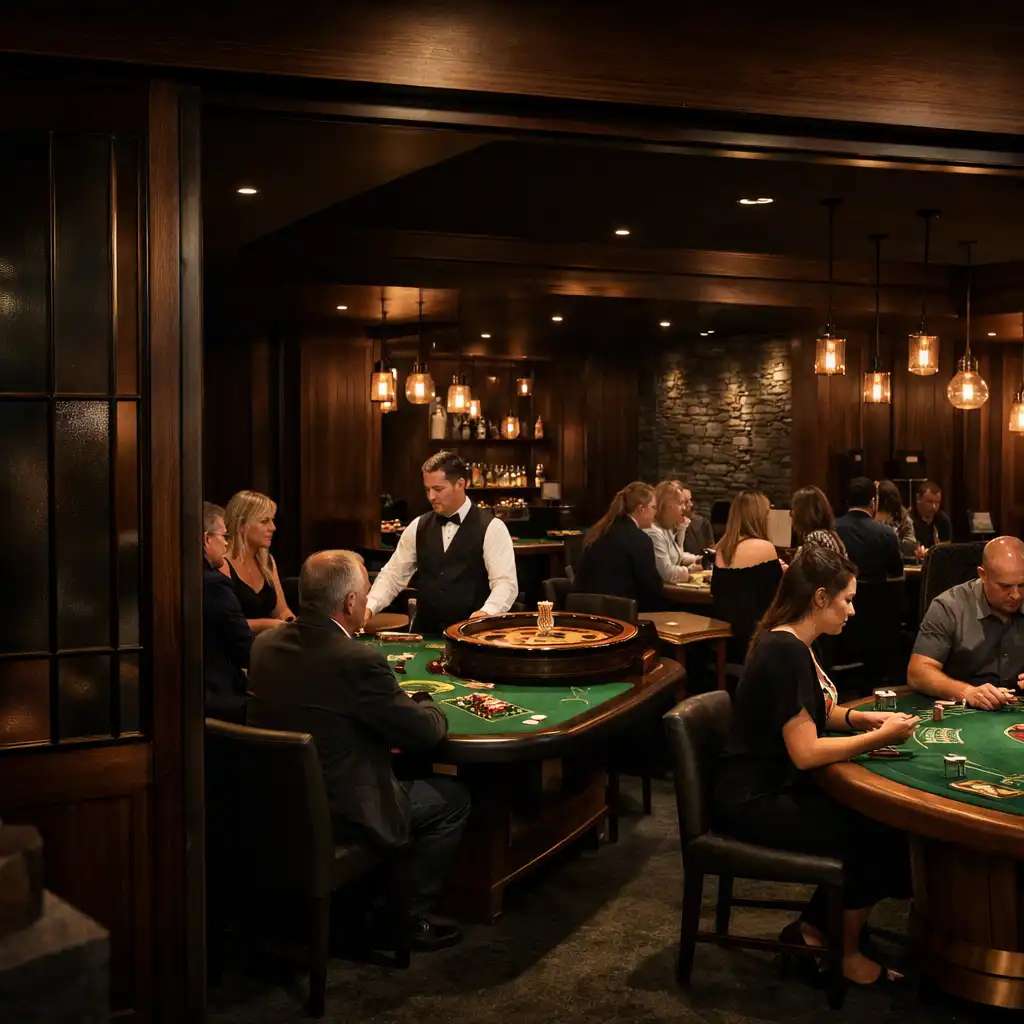 Complete roulette table with dealer and adult guests in the restaurant's physical casino area.