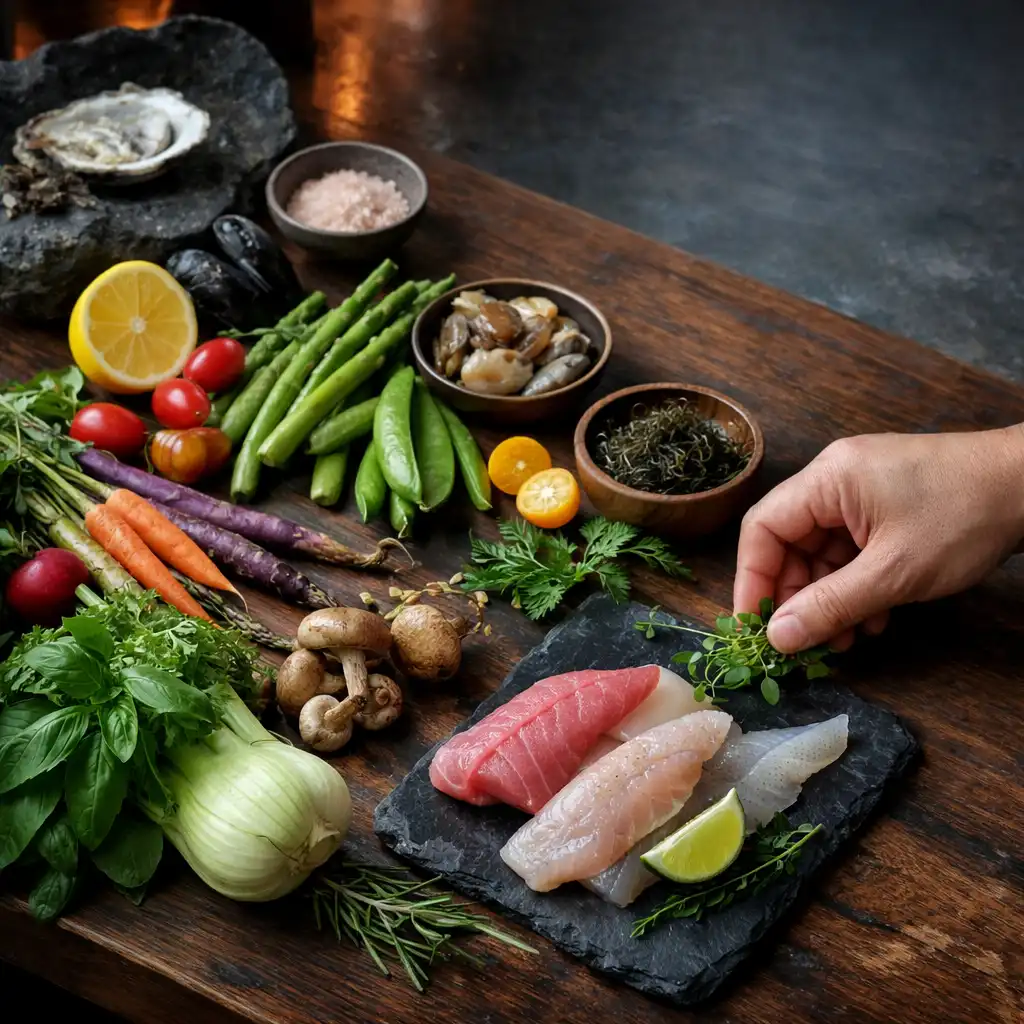 Seasonal culinary ingredients arranged on dark timber with a chef’s hand entering the frame