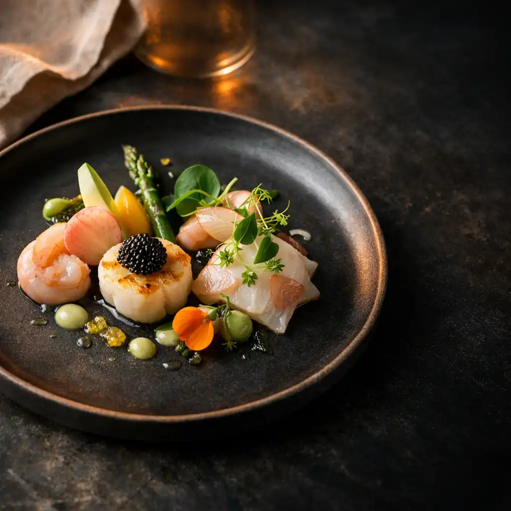 Refined plated starter with delicate seafood and seasonal vegetable elements on charcoal ceramic