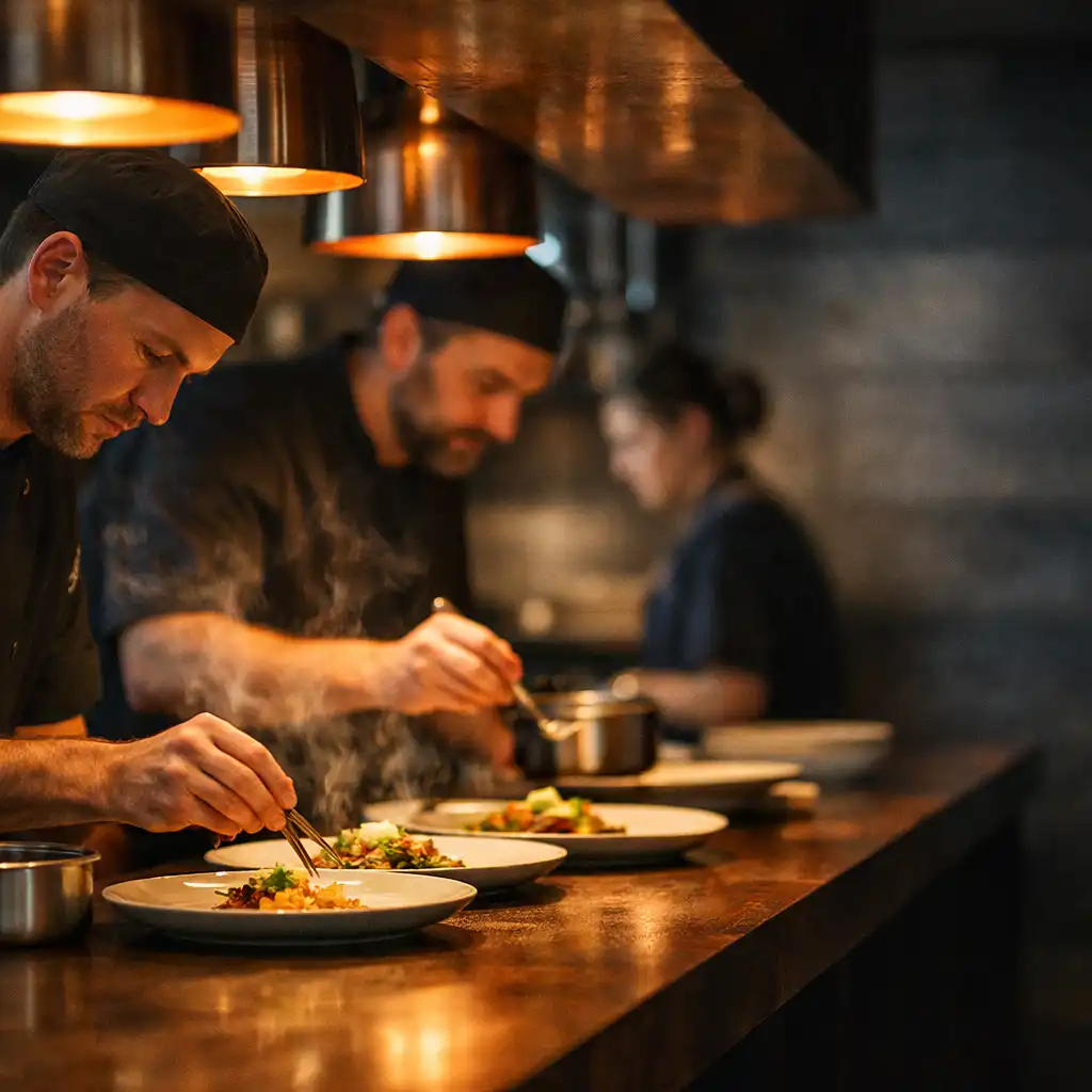 Chefs plating refined dishes at the pass in DishCollection's open kitchen.