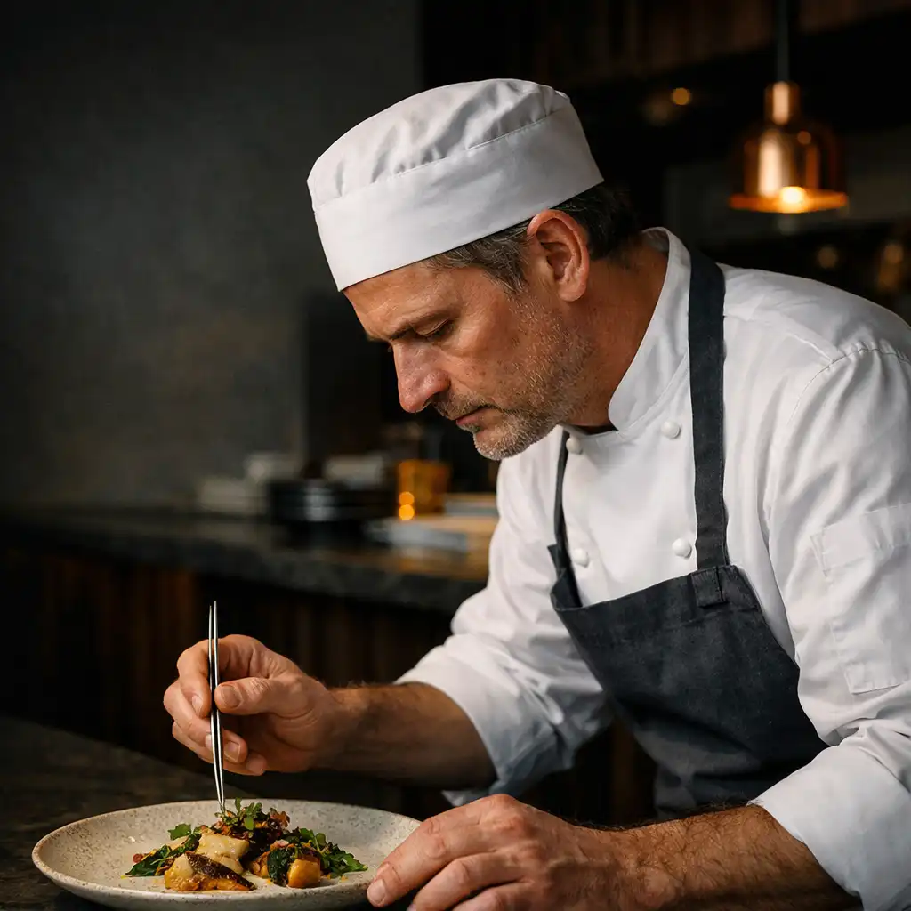 Chef carefully finishing a dish at DishCollection's open-kitchen pass