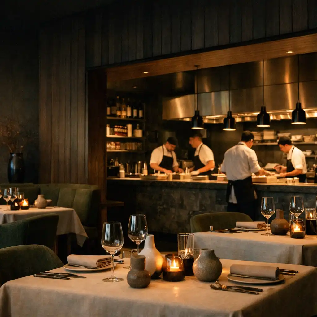 Dining room looking towards the illuminated open kitchen pass at evening