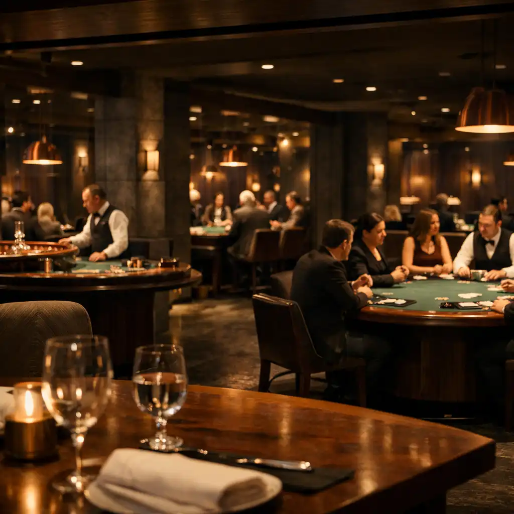 Complete poker, roulette and blackjack tables with adult guests and dealers in DishCollection's physical casino