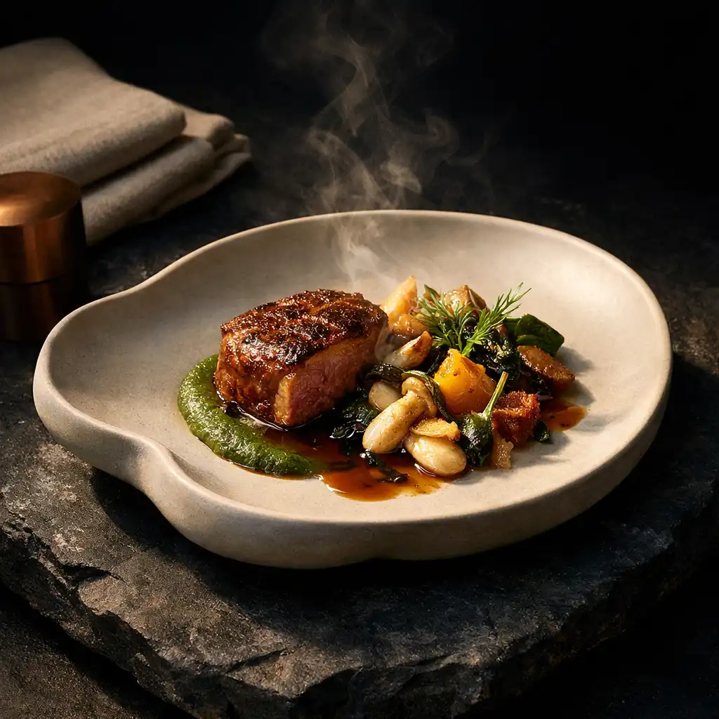 A refined seasonal dish presented on a matte ceramic plate