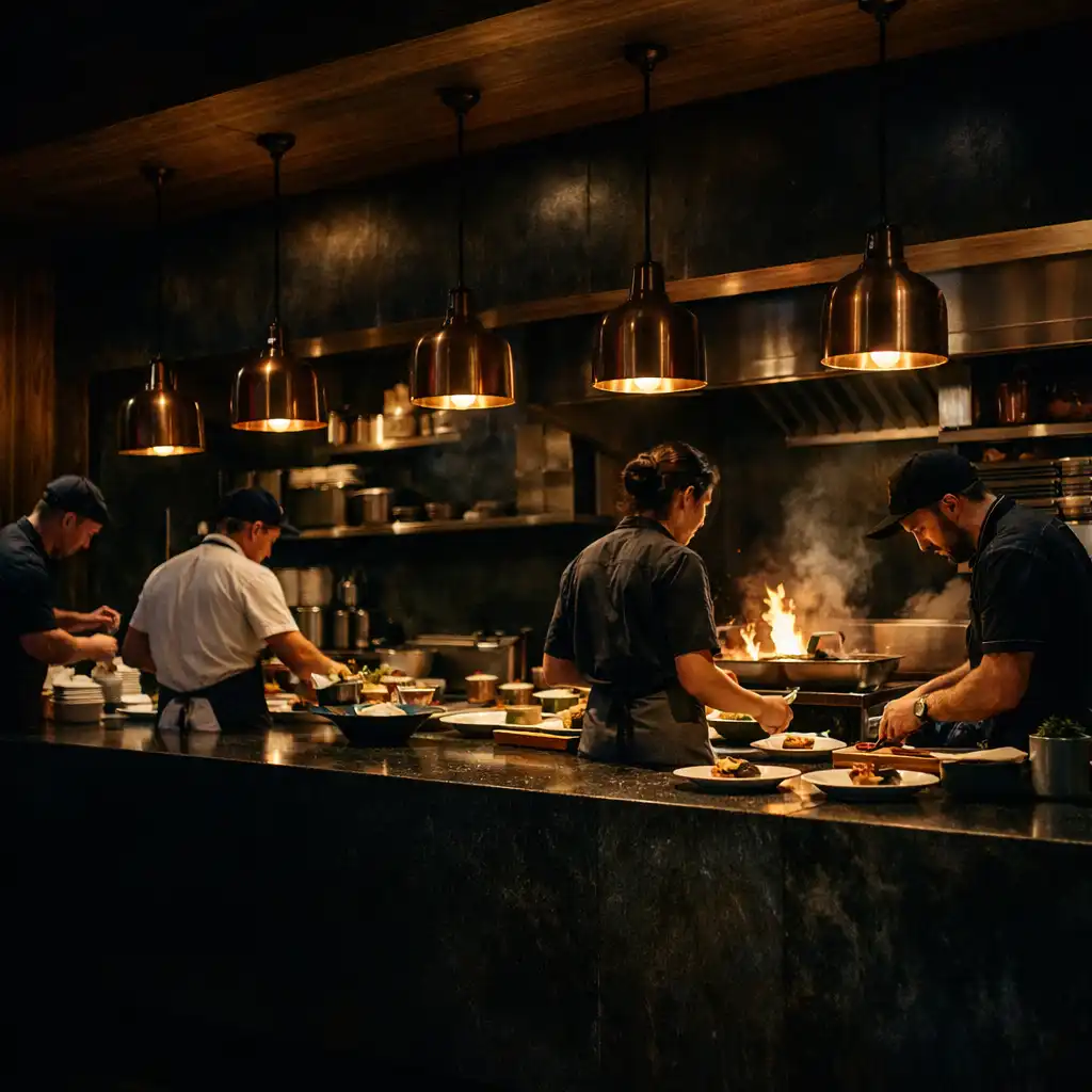Chefs working at the open pass during evening service in DishCollection's kitchen
