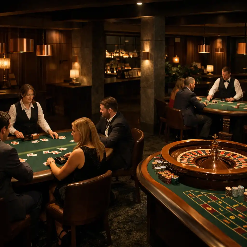 Adult guests and dealers at complete poker, roulette and blackjack tables in DishCollection's physical casino room.