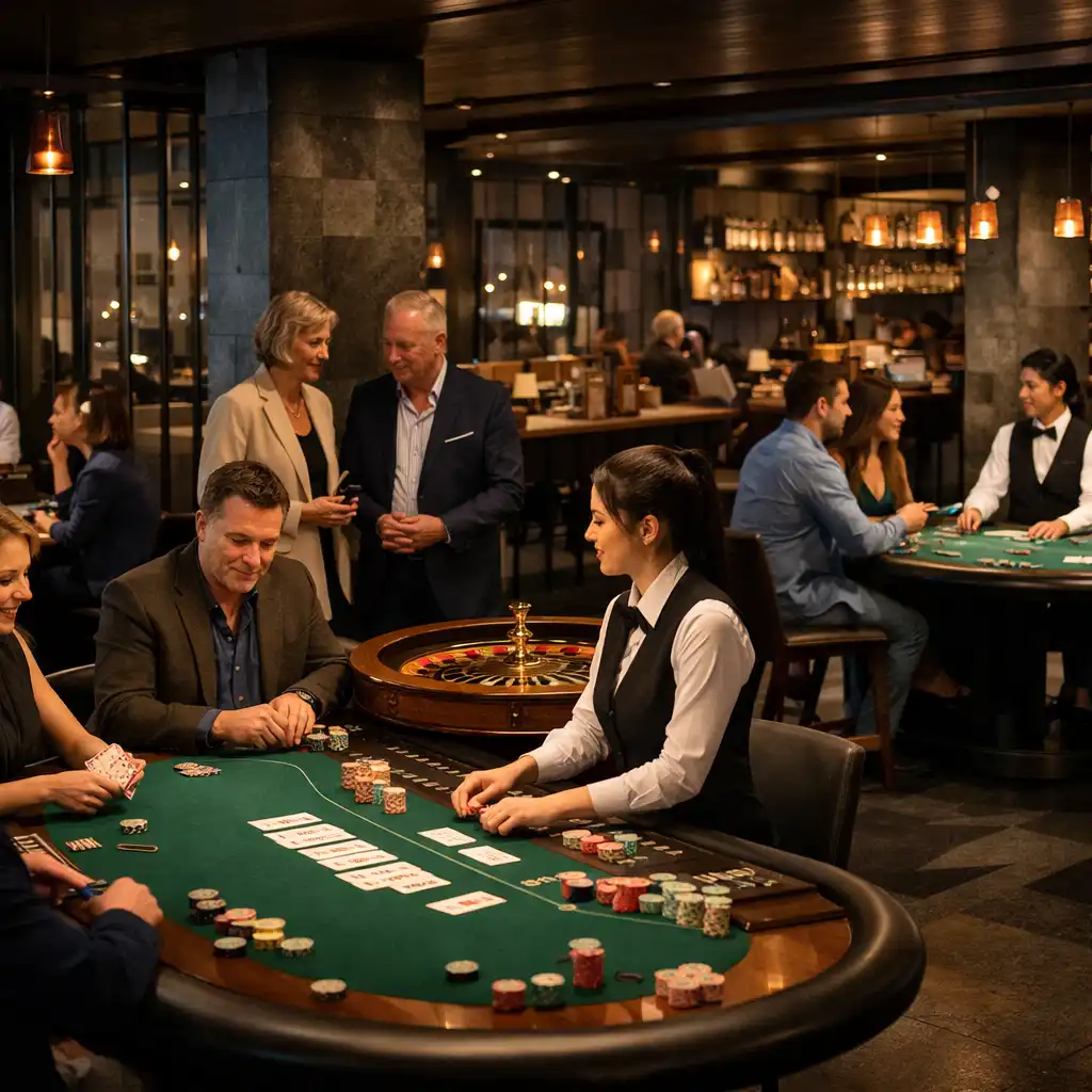 Complete blackjack table with a dealer, physical cards and adult guests in DishCollection's casino.
