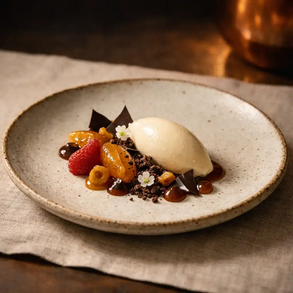 Elegant plated dessert with cream, fruit and dark chocolate tones on hand-finished ceramic.