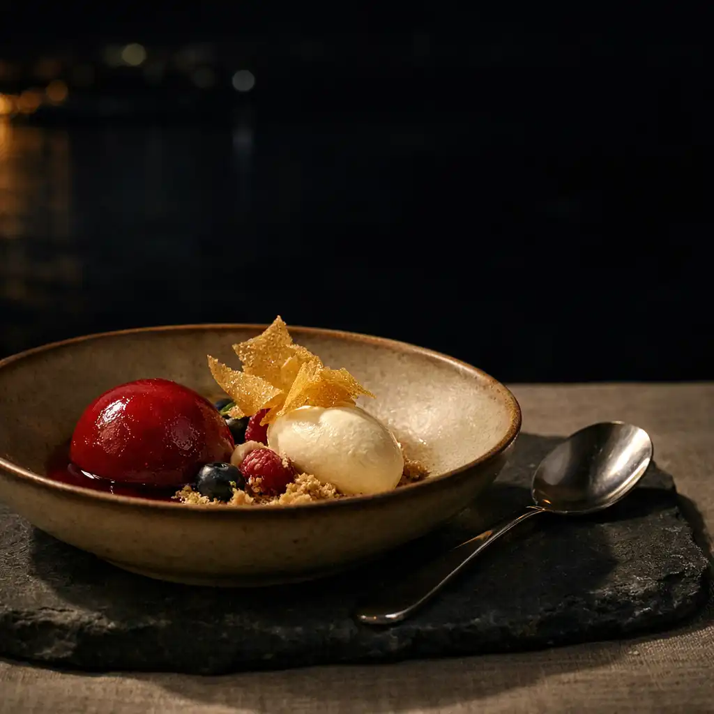 Refined dessert in a shallow ceramic bowl on charcoal stone