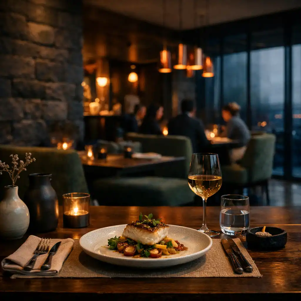 Dressed dining table with warm linen and sculptural ceramics in DishCollection's evening dining room