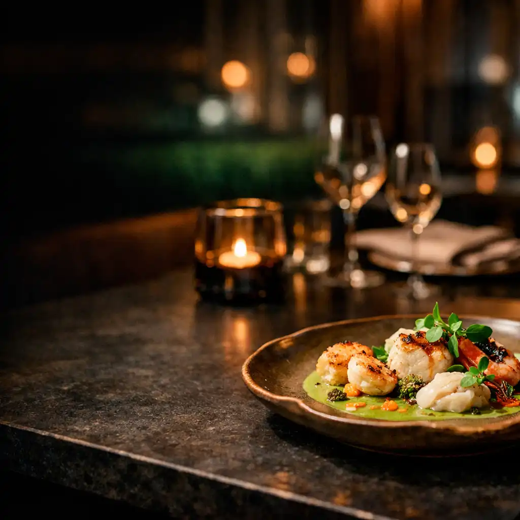 Seasonal seafood signature on a sculptural ceramic plate in a dark Auckland dining room