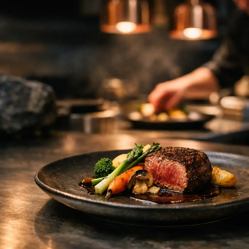 Seared meat main with seasonal vegetables at an open kitchen pass