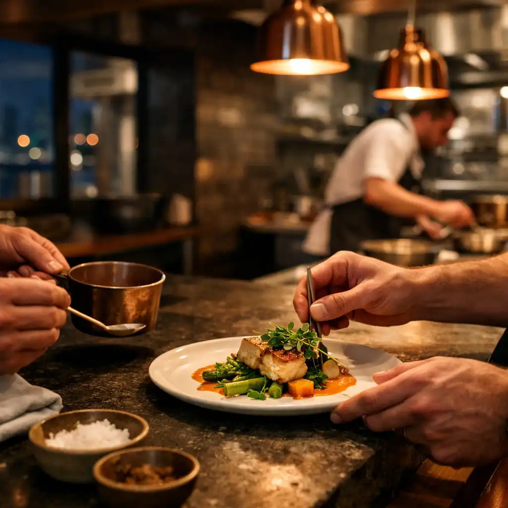 Chefs finishing a plated dish at the charcoal stone pass of an open kitchen