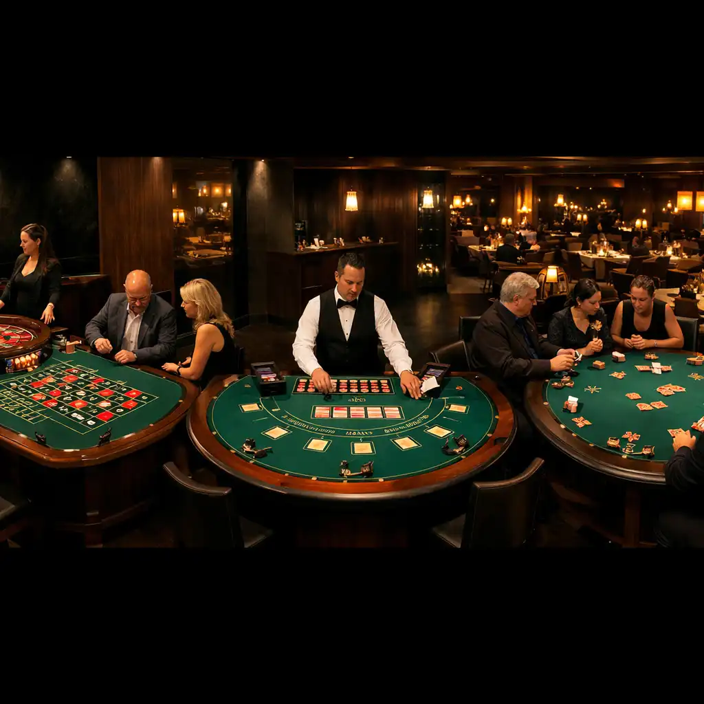 Complete poker, roulette and blackjack tables with adult guests and dealers in a refined physical casino area