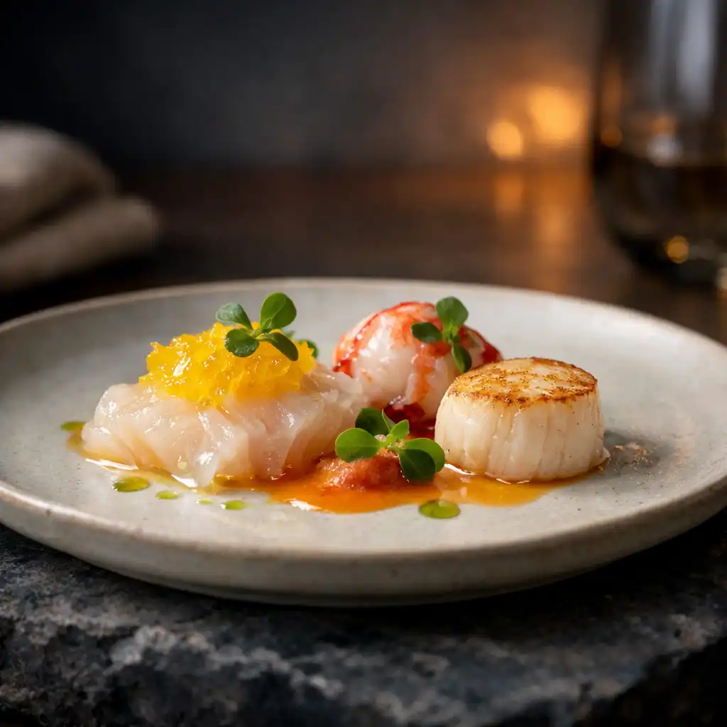 Refined seasonal seafood starter on a pale ceramic dish