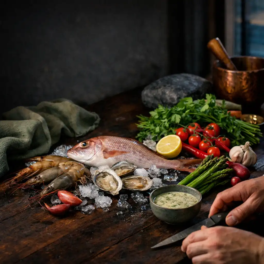 Seasonal seafood, herbs and vegetables being prepared on a dark timber kitchen bench