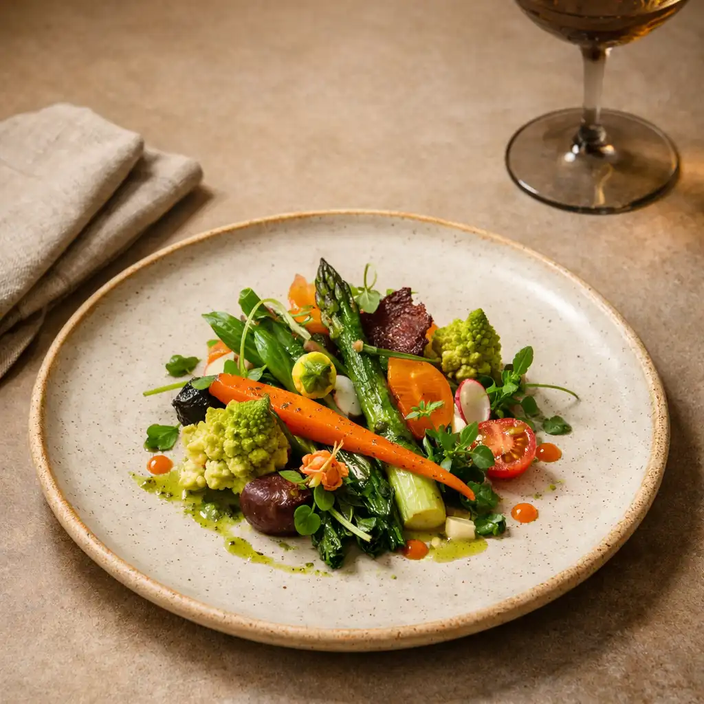 Vegetable-led signature dish on handmade ceramic tableware