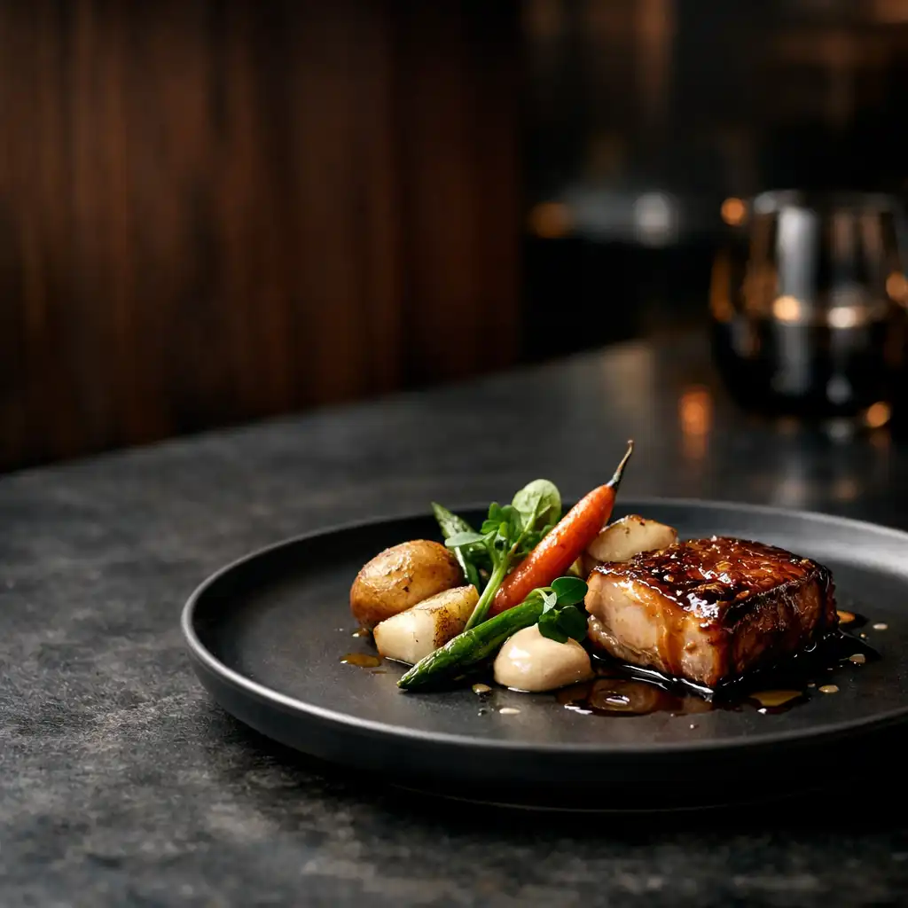 Refined contemporary main course on a dark ceramic plate over a charcoal stone table.