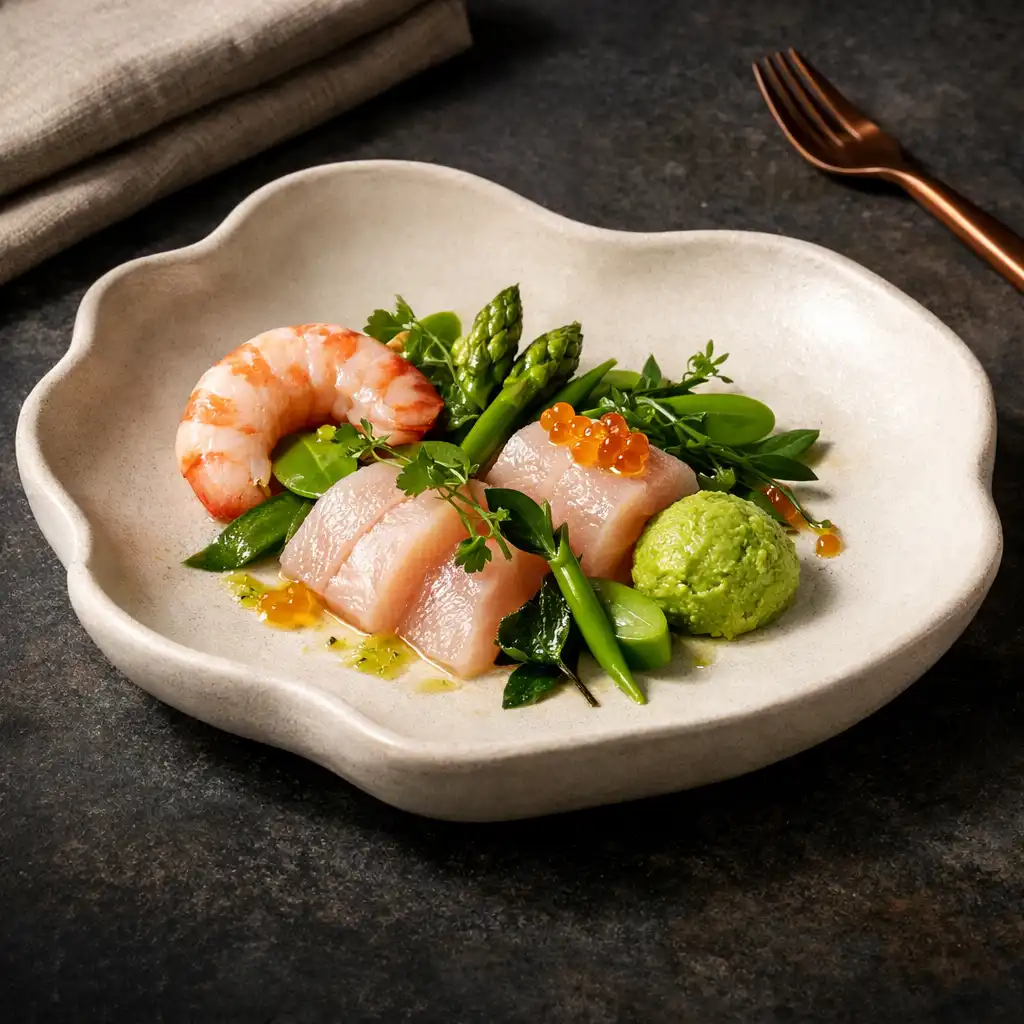 Contemporary plated starter with seafood and green seasonal elements on pale ceramic.